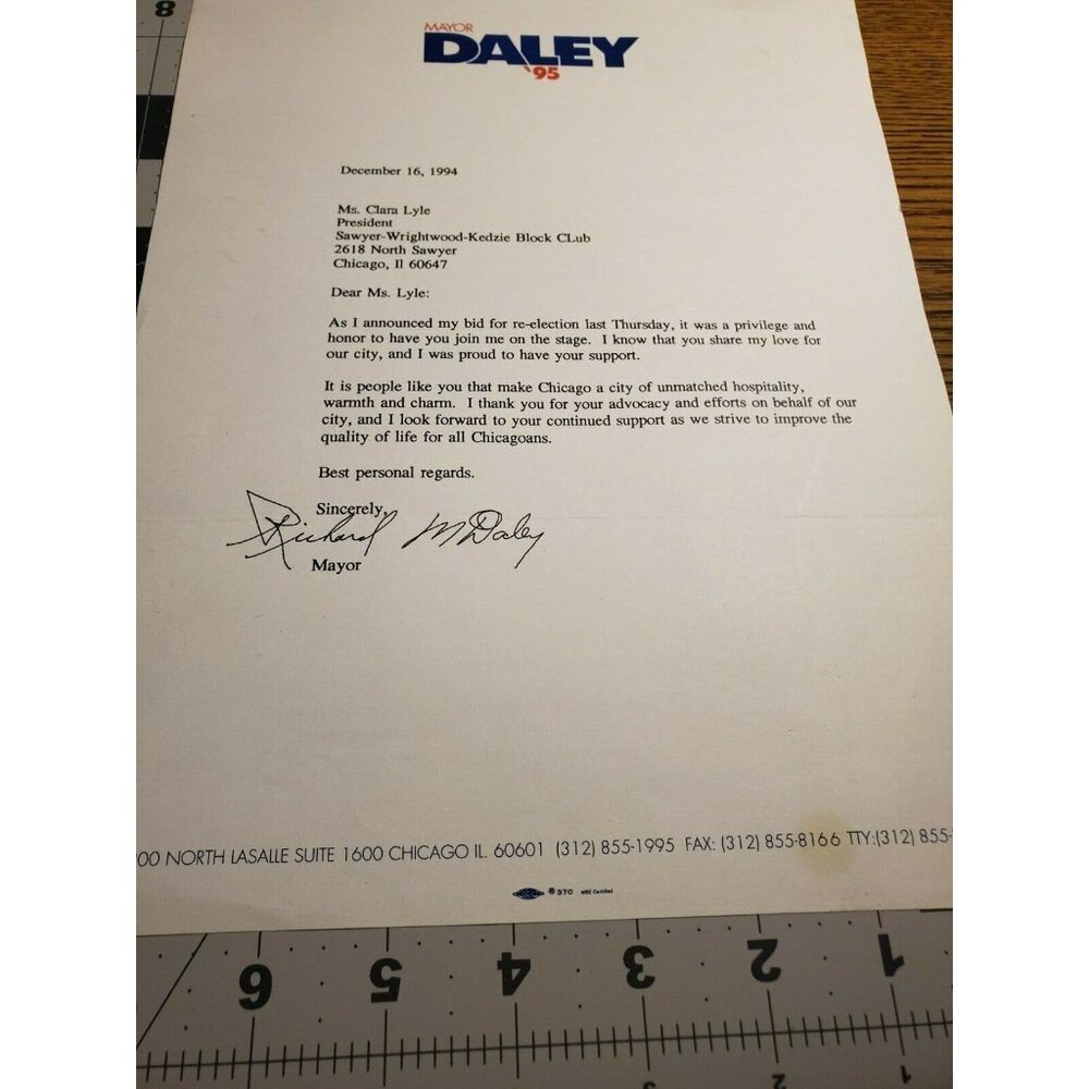 Richard M. Daley hand signed letter on Daley '95 campaign stationary Dec. 16, 19